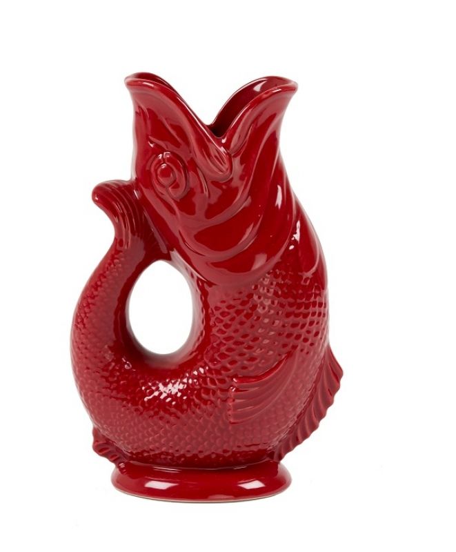 Cranberry rote Gluckigluck Fischkaraffe XL aus Keramik, dekorative Vase und Wasserkrug.